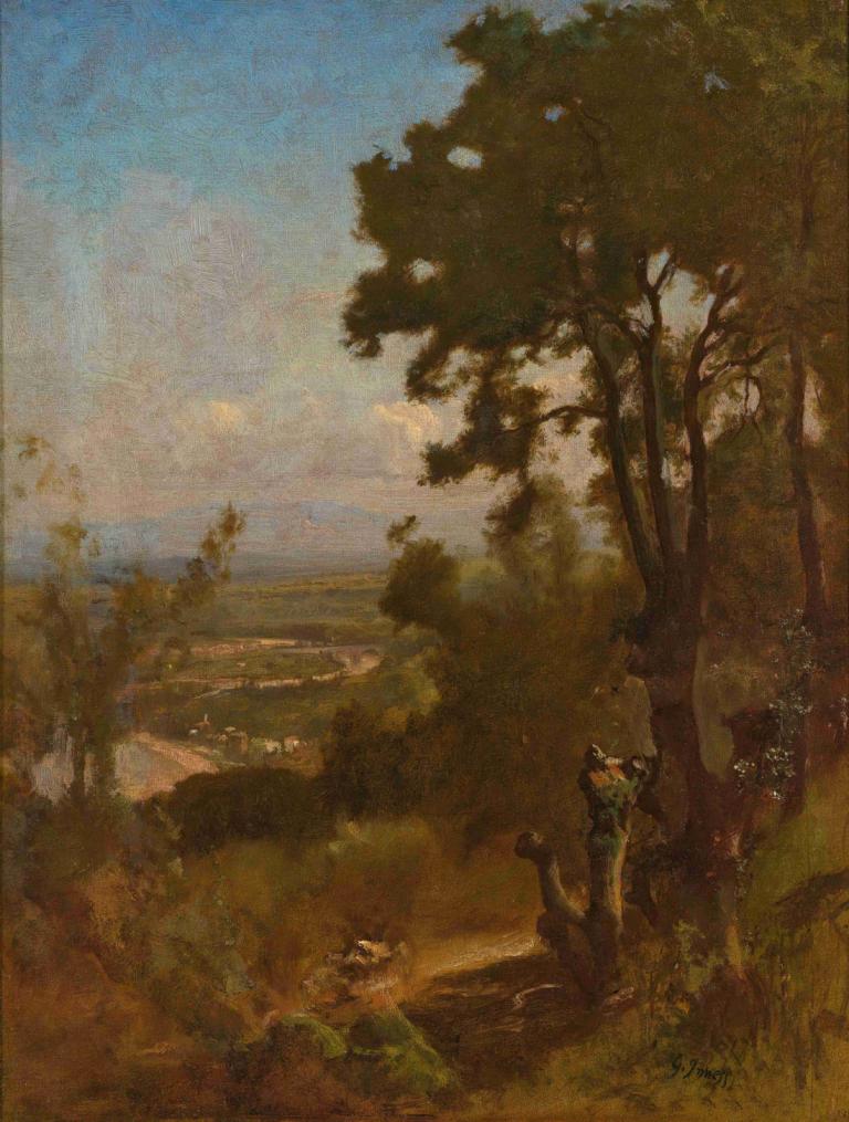 Valley Near Perugia,ペルージャ近郊の渓谷,George Inness,ジョージ・イネス,油絵,油絵, 木, 屋外, 景色, 男の子1名, 空, ソロ, 日, 男性の焦点, 自然, 従来のメディア, 草