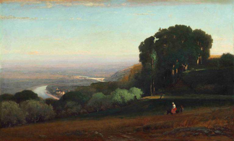 View of the Tiber near Perugia,George Inness,Oil Painting,Oil Painting, scenery, outdoors, tree, 1girl, sky