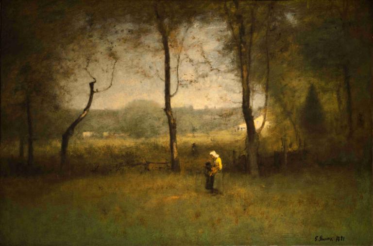 Wood Gatherers, An Autumn Afternoon,拾柴人，秋日午后,George Inness,乔治-因内斯,油画,油画, 树, 户外, 背包, 独奏, 1男孩, 风景, 自然, 草, 男性焦点