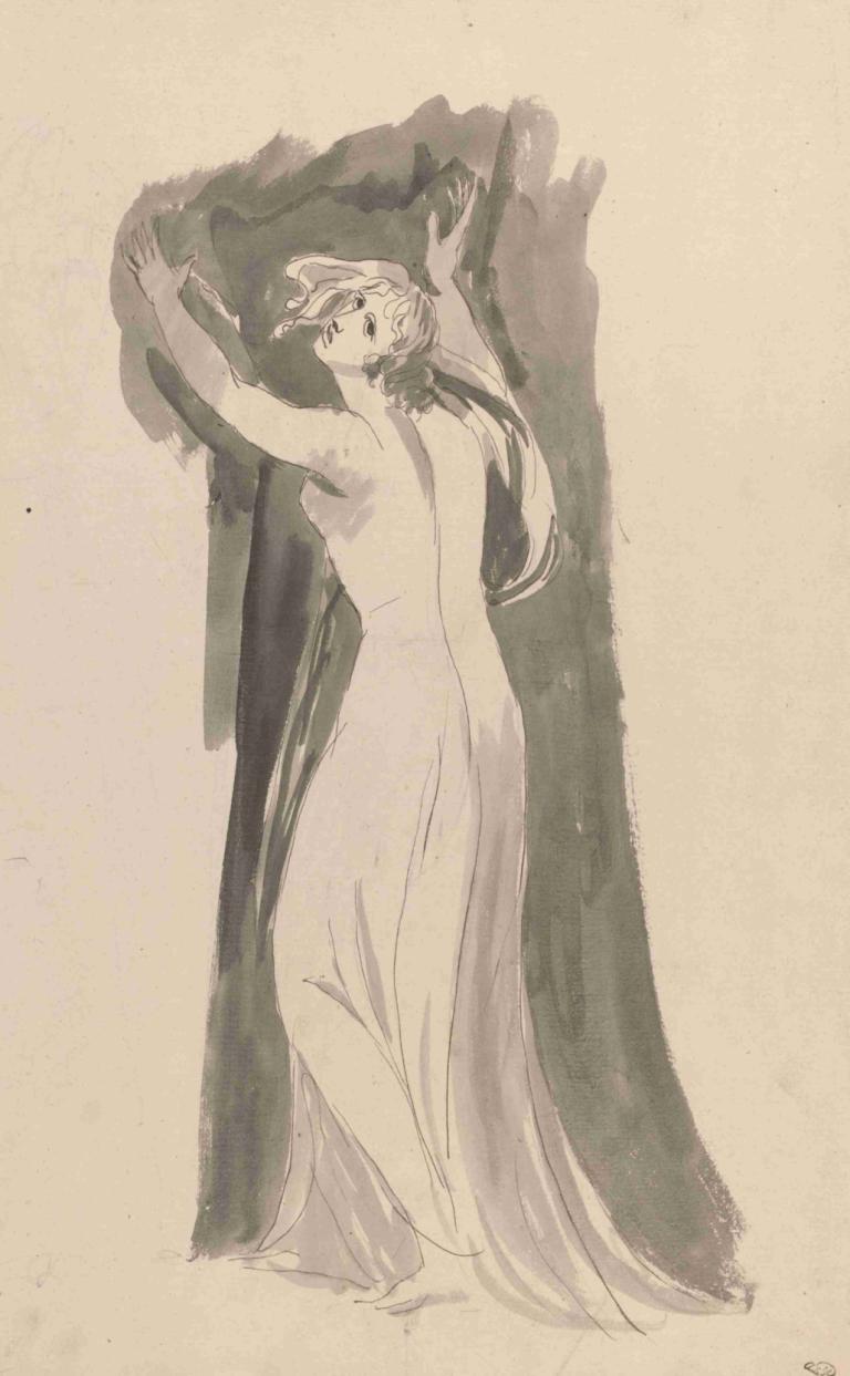 A Study of Miranda for 'The Tempest',George Romney,Sketch,Sketch, 1girl, solo, dress, long hair, monochrome