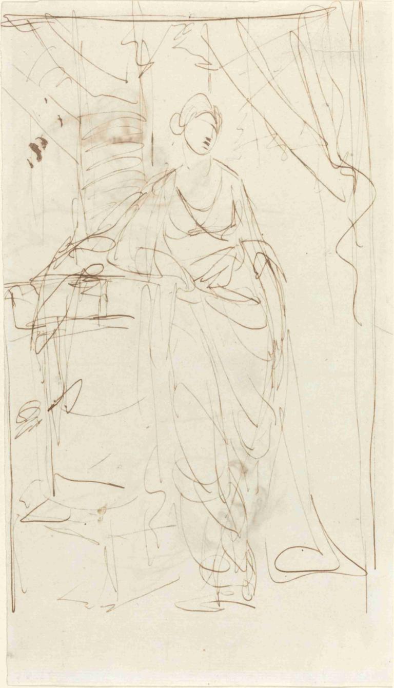 An Elegant Lady in Classical Dress (recto),George Romney,Sketch,Sketch, monochrome, 1girl, sketch, solo