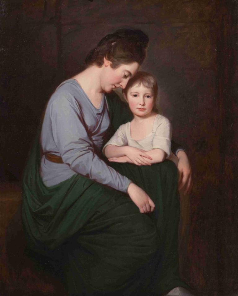 Ann Wilson with Her Daughter, Sybil,George Romney,Oil Painting,Oil Painting, 2girls, multiple girls, sitting