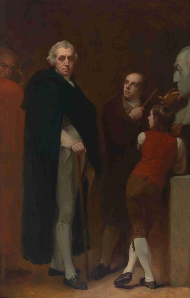 John Flaxman Modeling the Bust of William Hayley,约翰-弗莱克斯曼为威廉-海利半身像建模,George Romney,乔治-罗姆尼,油画,油画, 美术模仿, 多个男孩