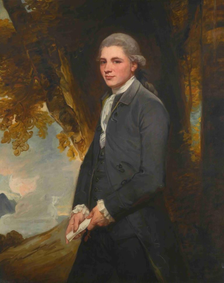 Portrait Of John Redhead,約翰·雷德海德的肖像,George Romney,喬治·羅姆尼,油畫,油畫, 樹, 獨奏, 1男孩, 男性焦點, 頭髮花白, 戶外, 保持, 常設, 長袖, 馬尾辮