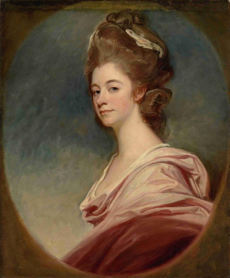 Portrait Of Lady Emilia Kerr,艾米莉亞·科爾夫人的肖像,George Romney,喬治·羅姆尼,油畫,油畫, 1個女孩, 獨奏, 美術模仿, 棕色的頭髮, 實際的, 上半身, 戲仿, 髮飾