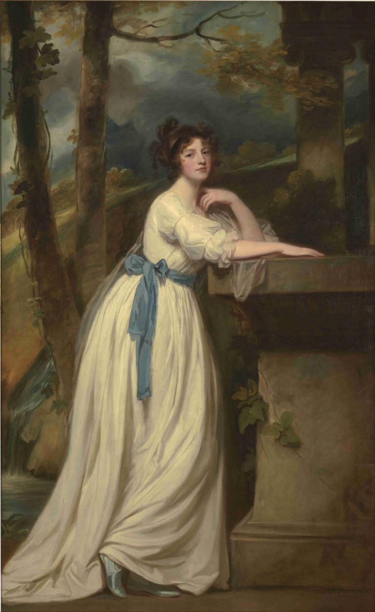 Portrait Of Mrs. Andrew Reid,安德魯·裡德夫人的肖像,George Romney,喬治·羅姆尼,油畫,油畫, 1個女孩, 獨奏, 裙子, 高跟鞋, 樹, 白色禮服, 美術模仿, 全身, 黑髮