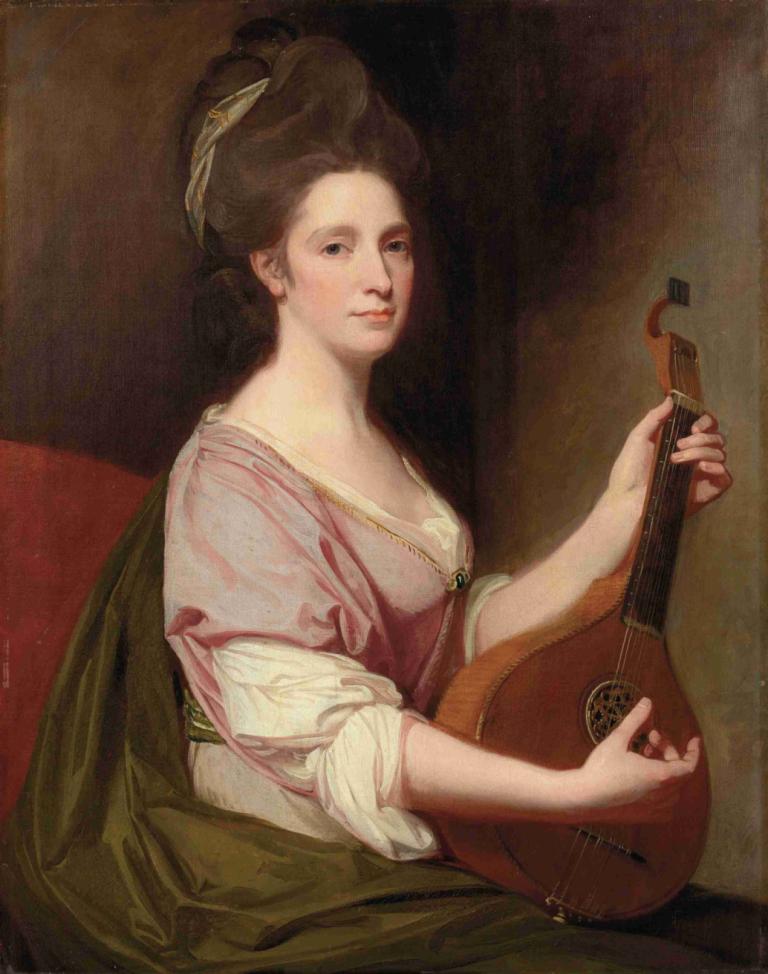 Portrait of Mrs. Henrietta Smith,George Romney,Oil Painting,Oil Painting, 1girl, instrument, solo, realistic