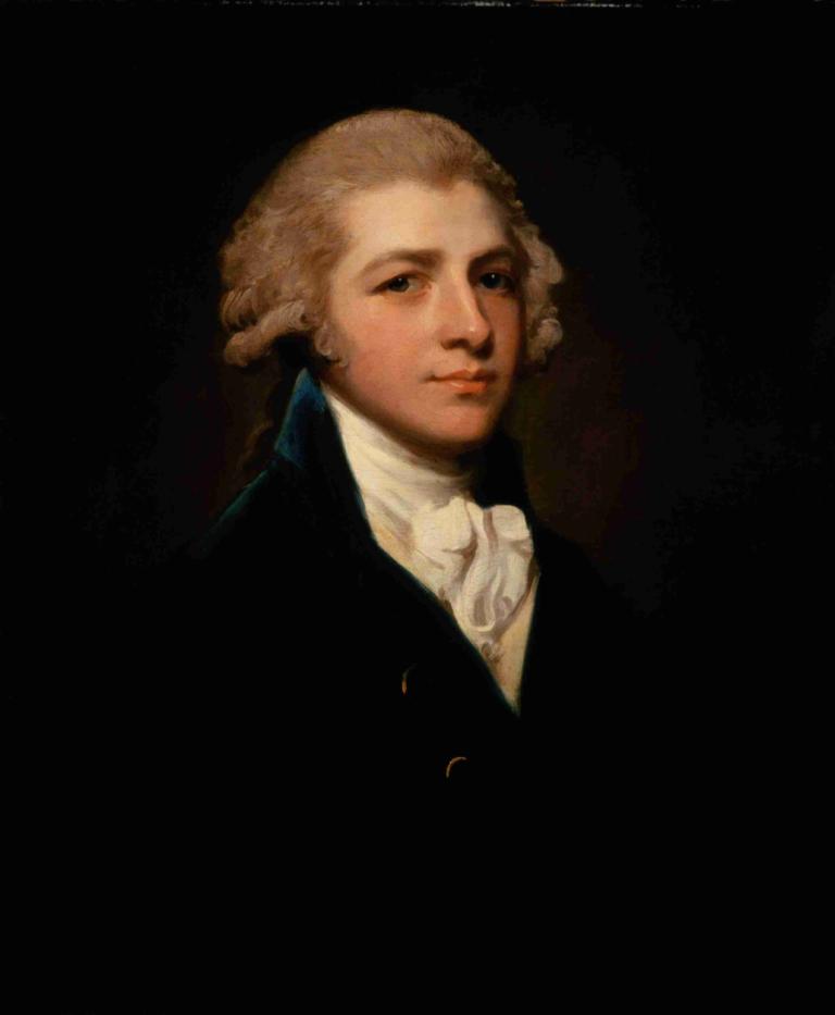 Portrait of Richard Palmer,理查德·帕爾默的肖像,George Romney,喬治·羅姆尼,油畫,油畫, 獨奏, 實際的, 1個女孩, 藍眼睛, 看著觀眾, 黑色背景, 金髮, 上半身