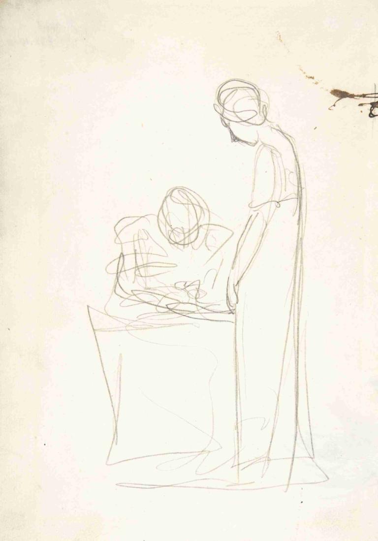 Study of Two Figures; One Seated, the Other Standing,George Romney,Sketch,Sketch, sketch, monochrome, 1girl