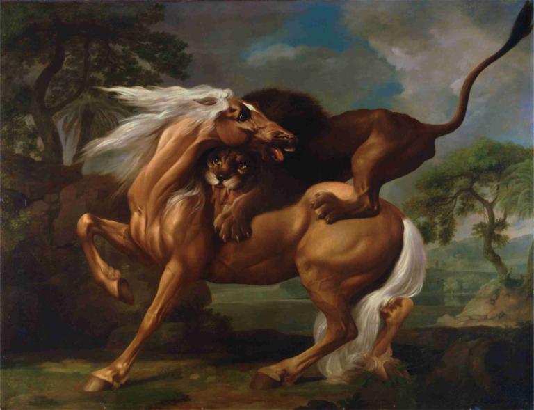 A Lion Attacking a Horse,George Stubbs,Oil Painting,Oil Painting, fine art parody, no humans, realistic, tree