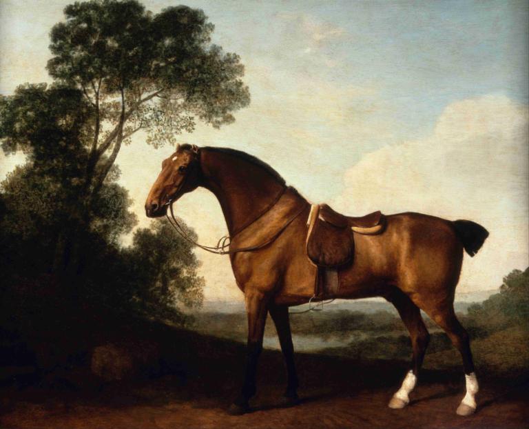 A Saddled Bay Hunter,George Stubbs,Oil Painting,Oil Painting, no humans, tree, outdoors, horse, sky, leash