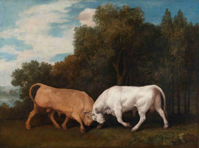 Bulls Fighting,George Stubbs,Oil Painting,Oil Painting, no humans, tree, outdoors, traditional media, sky