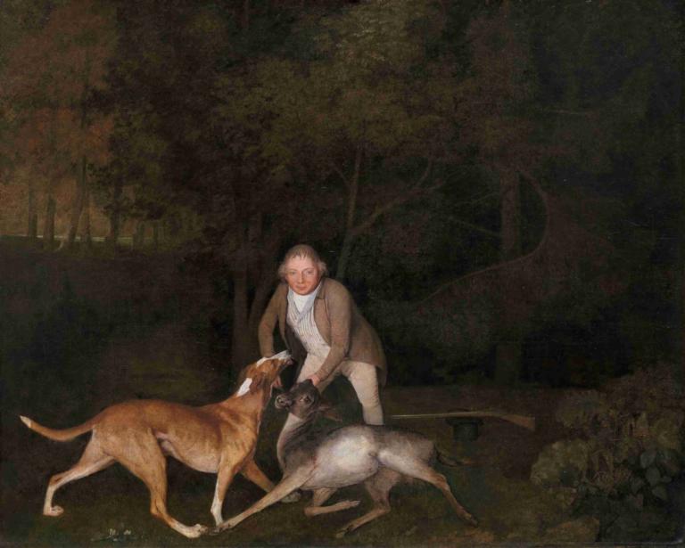 Freeman, the Earl of Clarendon's gamekeeper, with a dying doe and hound,Freeman