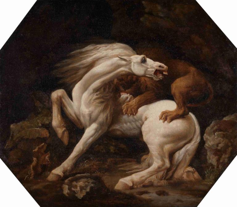 Horse Attacked by a Lion,Von einem Löwen angegriffenes Pferd,George Stubbs,Ölgemälde,Ölgemälde, realistisch