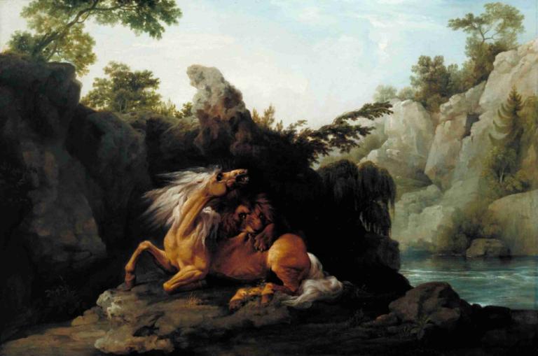 Horse Devoured by a Lion,George Stubbs,Oil Painting,Oil Painting, no humans, tree, outdoors, water, rock