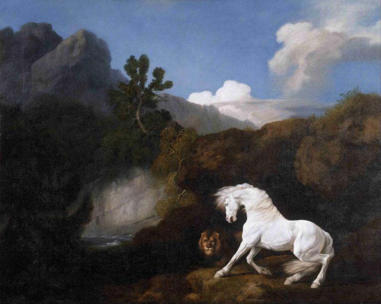 Horse Frightened by a Lion,Paard geschrokken van leeuw,George Stubbs,Olieverf,Olieverf, geen mensen, boom