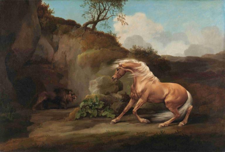 Horse Frightened by a Lion,George Stubbs,Oil Painting,Oil Painting, no humans, tree, outdoors, sky, day