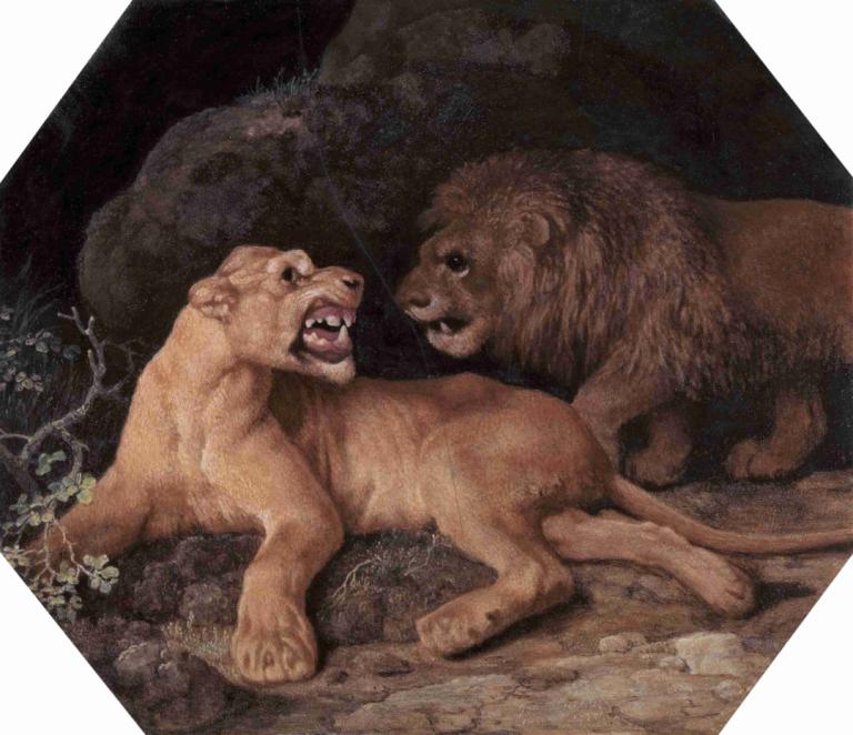 Lion and Lioness,Singa dan Singa Betina,George Stubbs,Lukisan cat minyak,Lukisan cat minyak