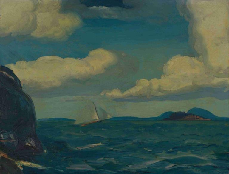 A Fresh Breeze,George Wesley Bellows,Oil Painting,Oil Painting, cloud, outdoors, sky, scenery, ocean