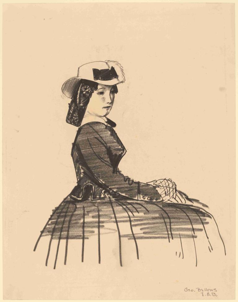 An Irish Girl,George Wesley Bellows,Sketch,Sketch, 1girl, solo, hat, monochrome, traditional media, dress