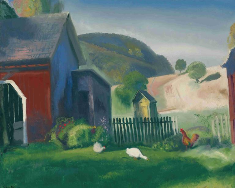 Barnyard And Chickens,George Wesley Bellows,Oil Painting,Oil Painting, grass, fence, outdoors, scenery, house