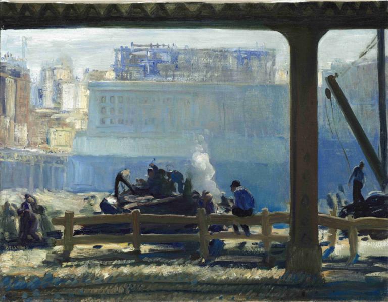 Blue Morning,青い朝,George Wesley Bellows,ジョージ・ウェズリー・ベローズ,油絵,油絵, 複数の男の子, 従来のメディア, 景色, 屋外, 座っている, 水上バイク, 絵画（中）, 橋