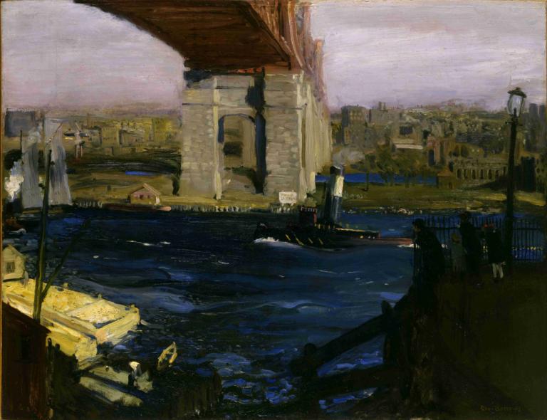 Bridge, Blackwell’s Island,ブリッジ、ブラックウェルズ島,George Wesley Bellows,ジョージ・ウェズリー・ベローズ,油絵,油絵, 景色, 水上バイク, 屋外, ボート