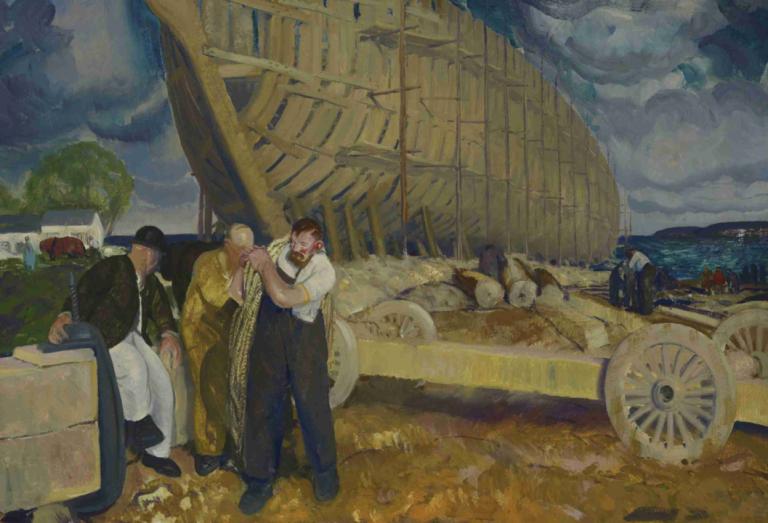 Builders of Ships,George Wesley Bellows,Oil Painting,Oil Painting, multiple boys, watercraft, outdoors, cloud