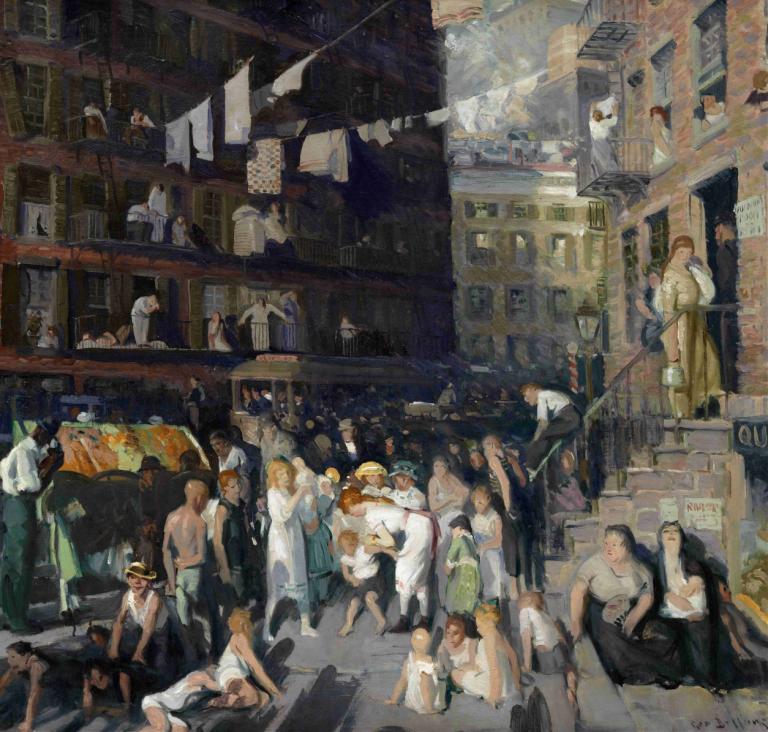 Cliff Dwellers,George Wesley Bellows,Oil Painting,Oil Painting, multiple girls, multiple boys, 6+boys, dress