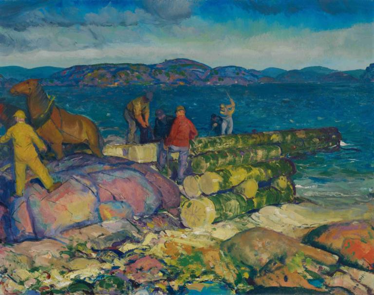 Dock Builders,George Wesley Bellows,Oil Painting,Oil Painting, outdoors, multiple boys, sky, cloud, ocean