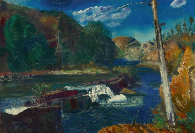 Mill Dam,Molendam,George Wesley Bellows,Olieverf,Olieverf, landschap, lucht, buitenshuis, geen mensen, boom