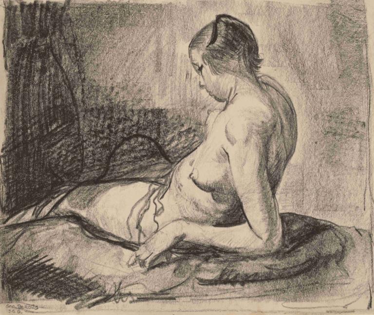 Nude Girl Reclining,Naakt Liggend Meisje,George Wesley Bellows,Schetsen,Schetsen, 1meisje, solo, monochroom