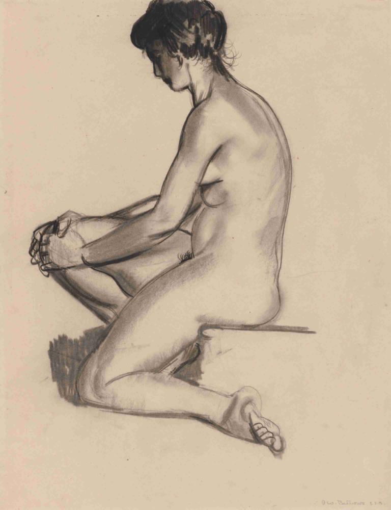 Nude Woman,Naakte vrouw,George Wesley Bellows,Schetsen,Schetsen, solo, 1meisje, naakt, monochroom, kort haar