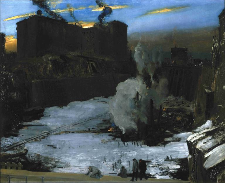 Pennsylvania Station Excavation,George Wesley Bellows,Oil Painting,Oil Painting, scenery, smoke, snow