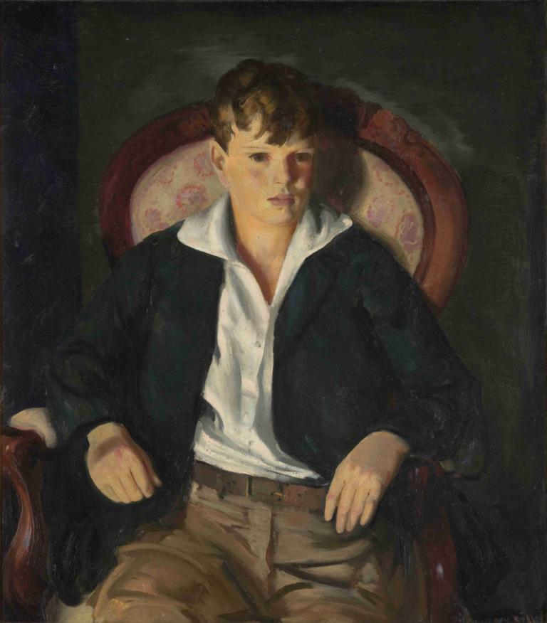 Portrait Of A Boy,Portret van een jongen,George Wesley Bellows,Olieverf,Olieverf, solo, shirt, broek, stoel