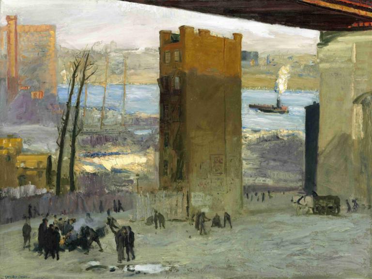 The Lone Tenement,Het eenzame huurhuis,George Wesley Bellows,Olieverf,Olieverf, boom, landschap, buitenshuis