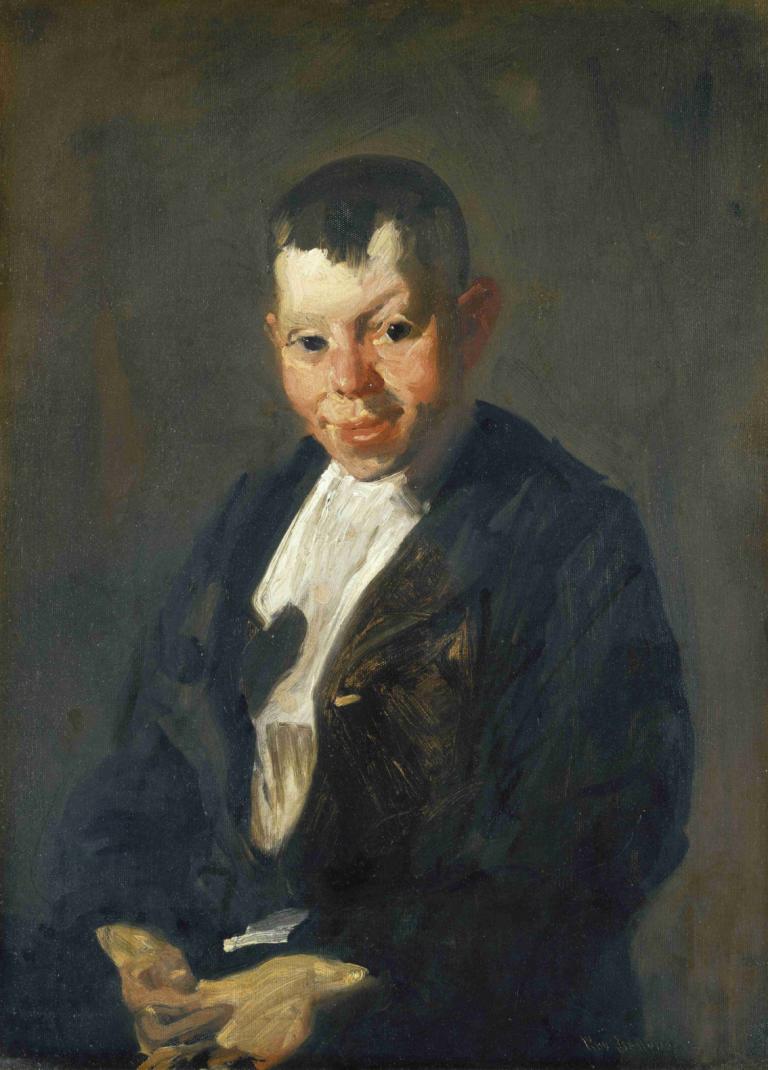 The Newsboy,De krantenjongen,George Wesley Bellows,Olieverf,Olieverf, solo, 1 jongen, mannelijke focus