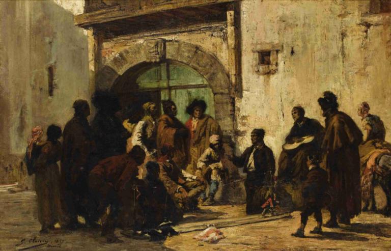 A Puppetshow On A Spanish Street,Georges Jules Victor Clairin,Oil Painting,Oil Painting, multiple boys