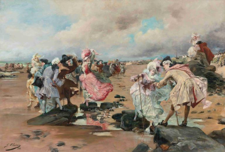 A Sunday At The Seaside,Georges Jules Victor Clairin,Oil Painting,Oil Painting, multiple boys, dress