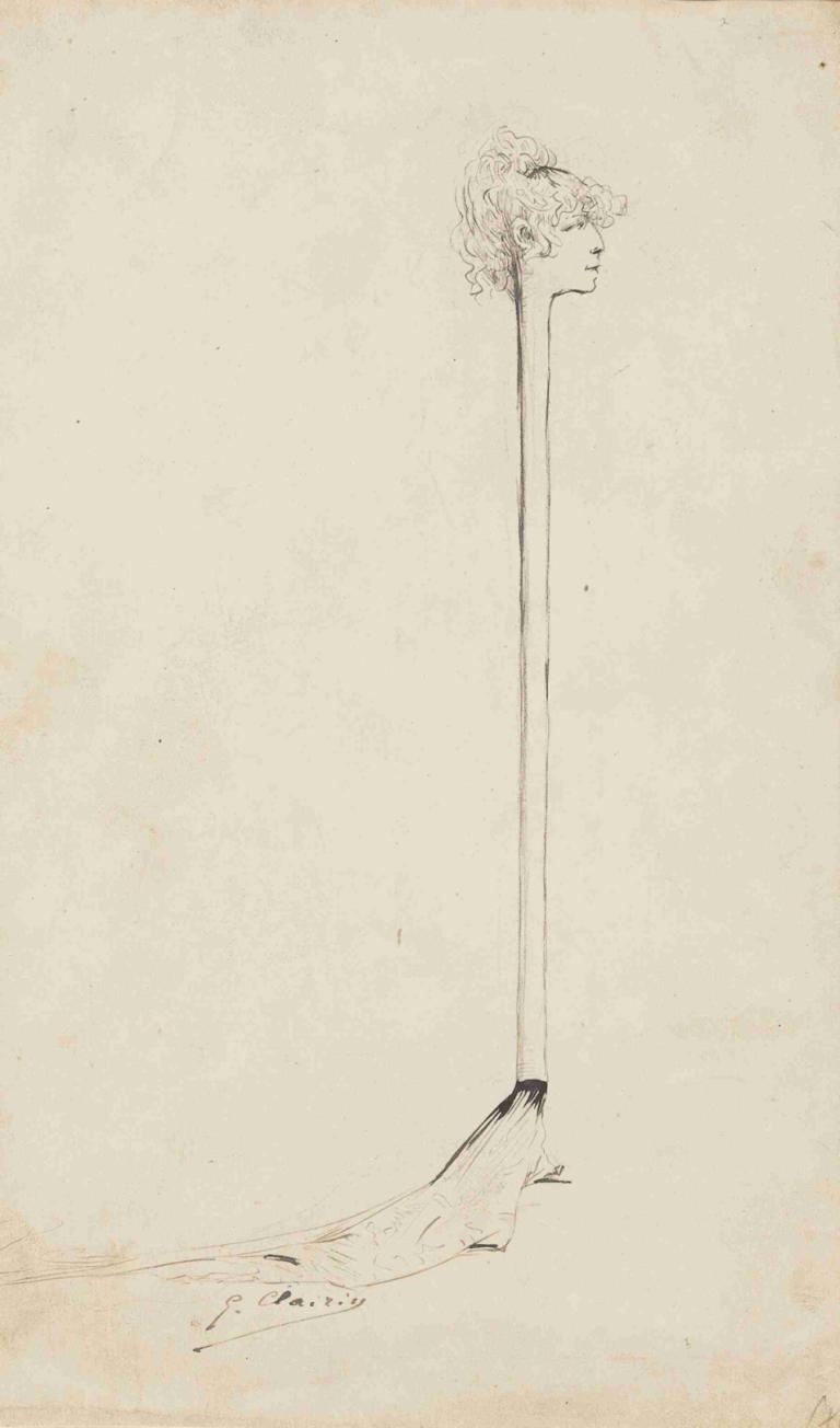 A caricature of Sarah Bernhardt  as a stick with a little sponge above her head,Georges Jules Victor Clairin