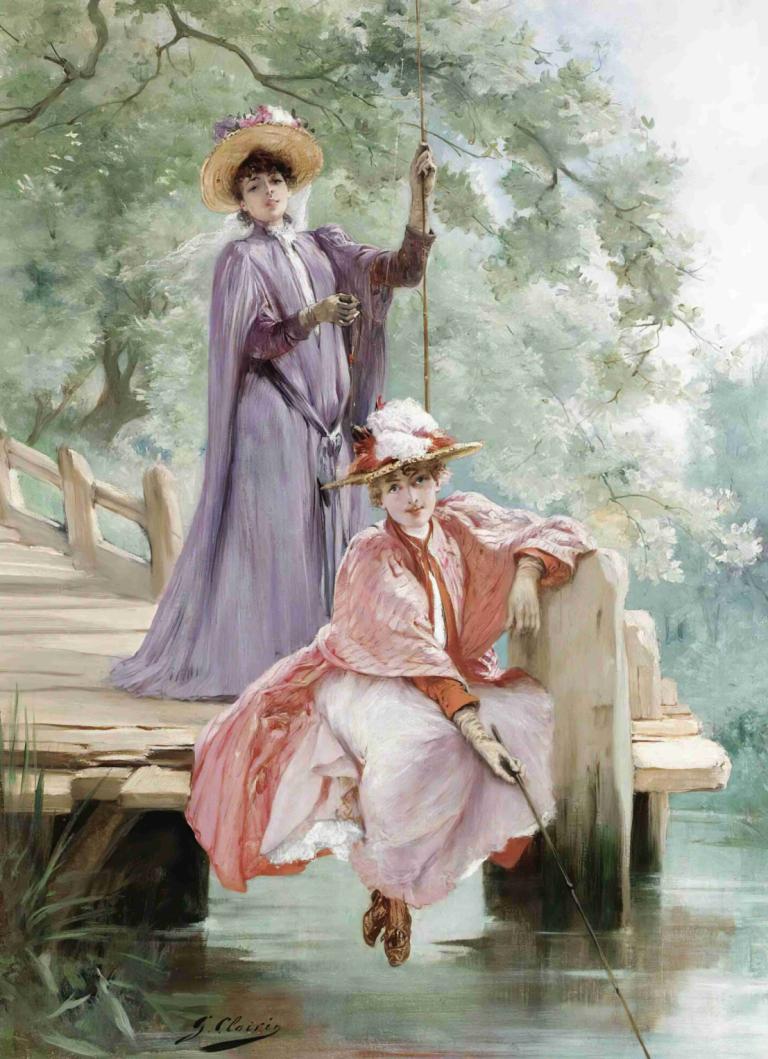 Elegant Ladies Fishing,Georges Jules Victor Clairin,Oil Painting,Oil Painting, multiple boys, hat