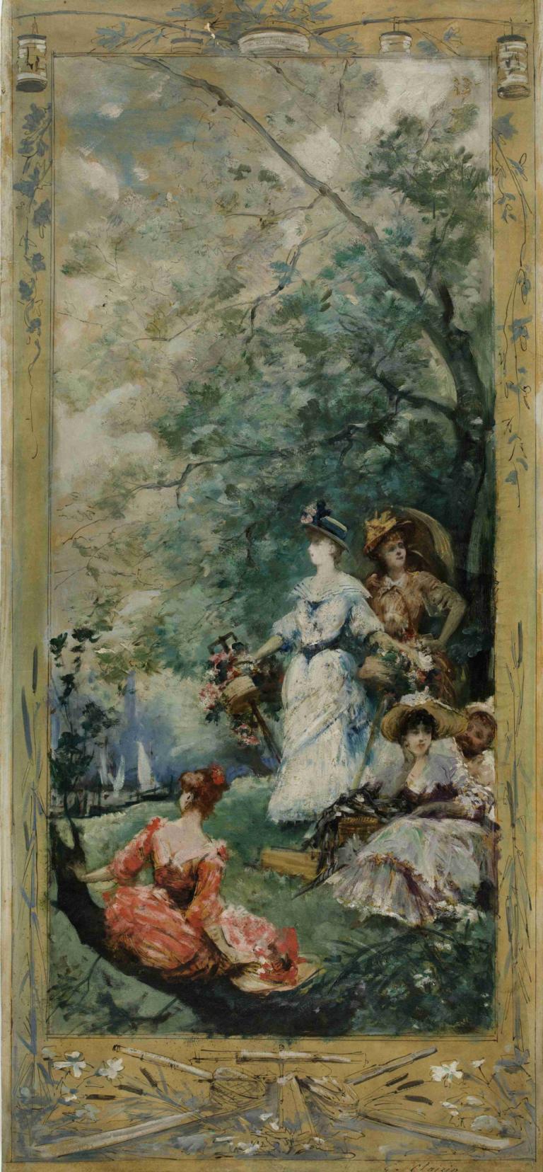 Fête champêtre aux environs de Paris,巴黎附近的香槟节,Georges Jules Victor Clairin,乔治-儒勒-维克托-克莱因,油画,油画, 多个女孩, 树, 美术模仿