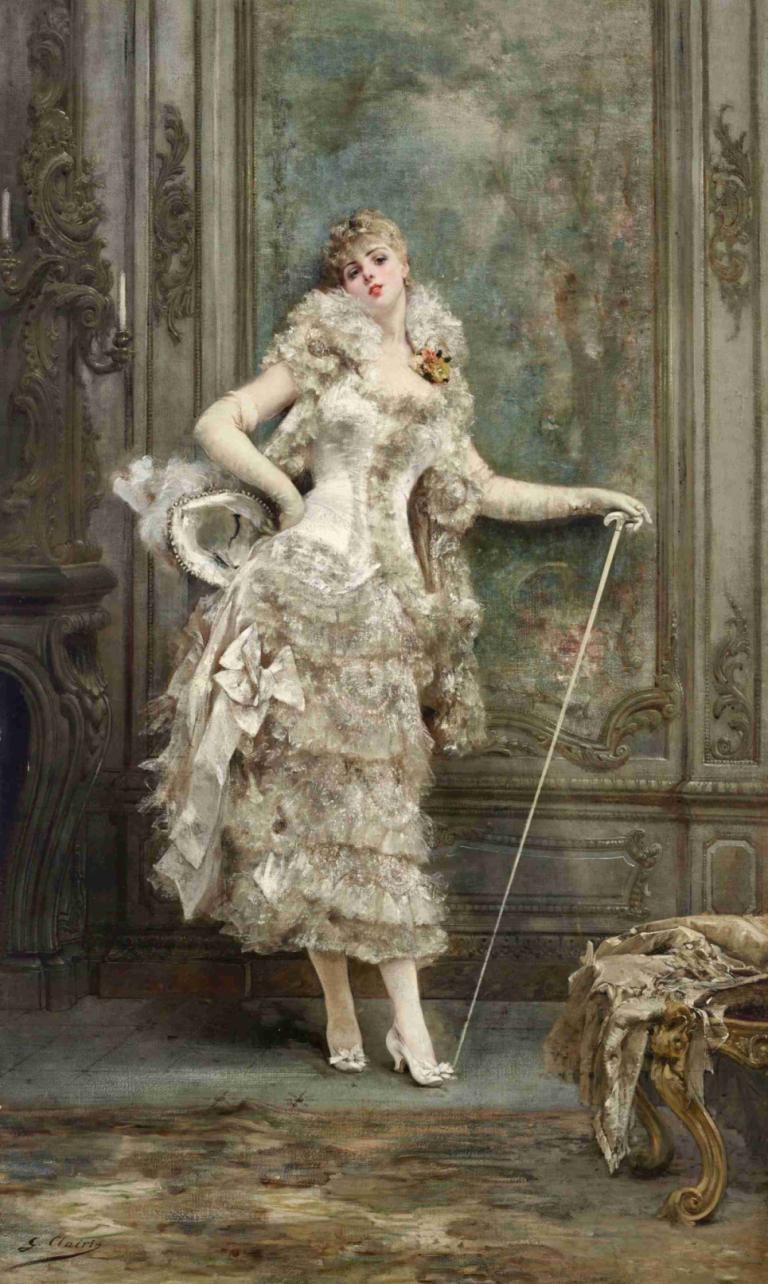 Frou Frou,Georges Jules Victor Clairin,Oil Painting,Oil Painting, 1girl, dress, blonde hair, high heels