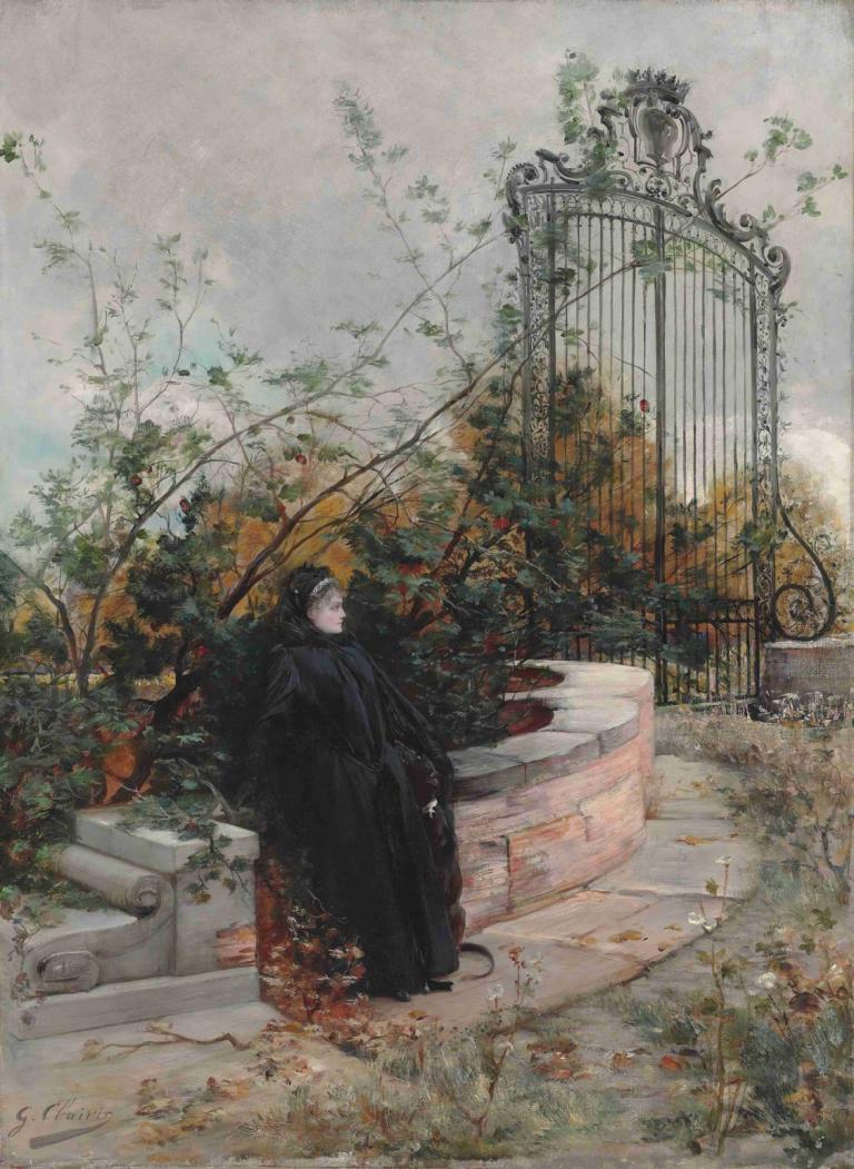 La comtesse de Castiglione,Georges Jules Victor Clairin,Oil Painting,Oil Painting, solo, tree, black hair