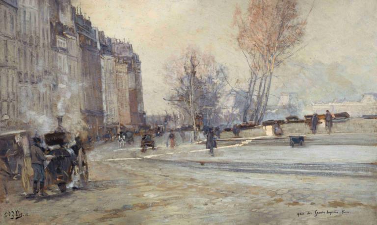 Le Quai Des Grands Augustins,Georges Jules Victor Clairin,乔治-儒勒-维克托-克莱因,油画,油画, 地面车辆, 户外, 树, 摩托车, 风景, 路, 传统媒体