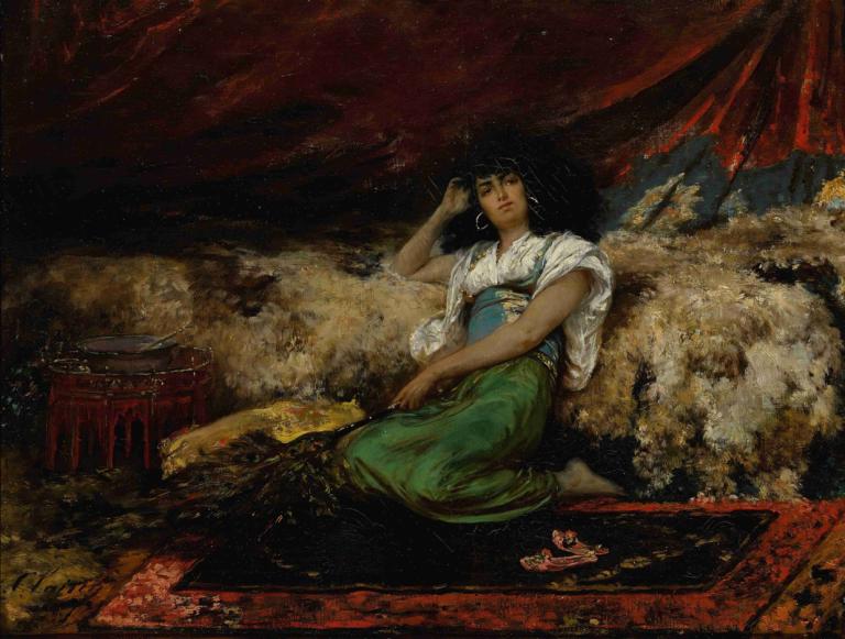 The Peacock Fan,De pauwenwaaier,Georges Jules Victor Clairin,Olieverf,Olieverf, 1meisje, zwart haar, solo