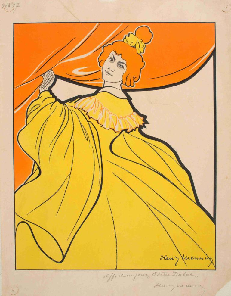 Affichette Pour Odette Dulac,Georges Meunier,Illustration,Illustration, 1girl, solo, dress, smile