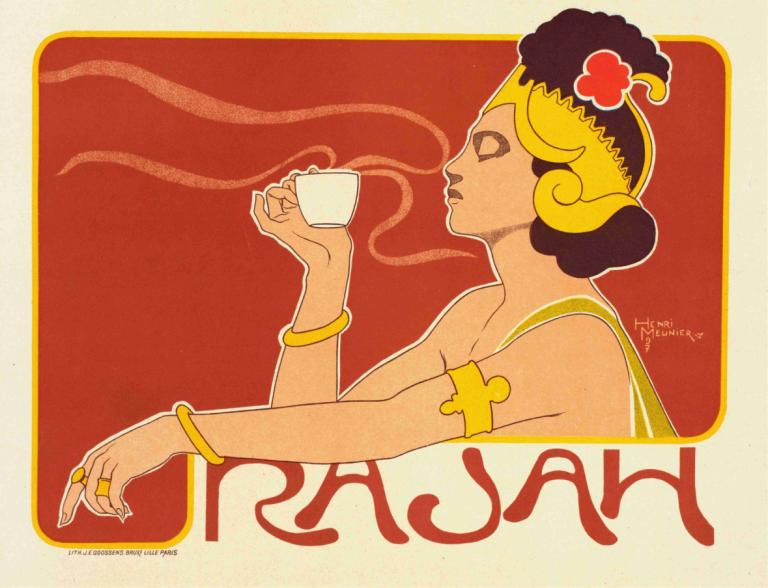 Café Rajah,Georges Meunier,Illustration,Illustration, 1girl, solo, cup, jewelry, ring, holding cup, holding