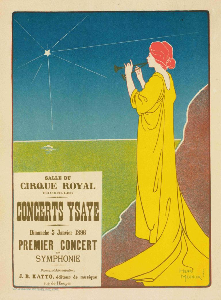 Concerts Ysaye,Georges Meunier,Illustration,Illustration, 1girl, solo, dress, holding, english text, standing