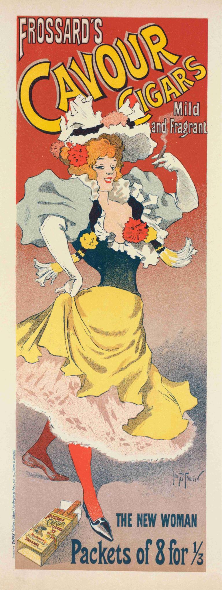 Frossard's Cavour Cigars,Georges Meunier,Illustration,Illustration, 1girl, solo, dress, flower, blonde hair